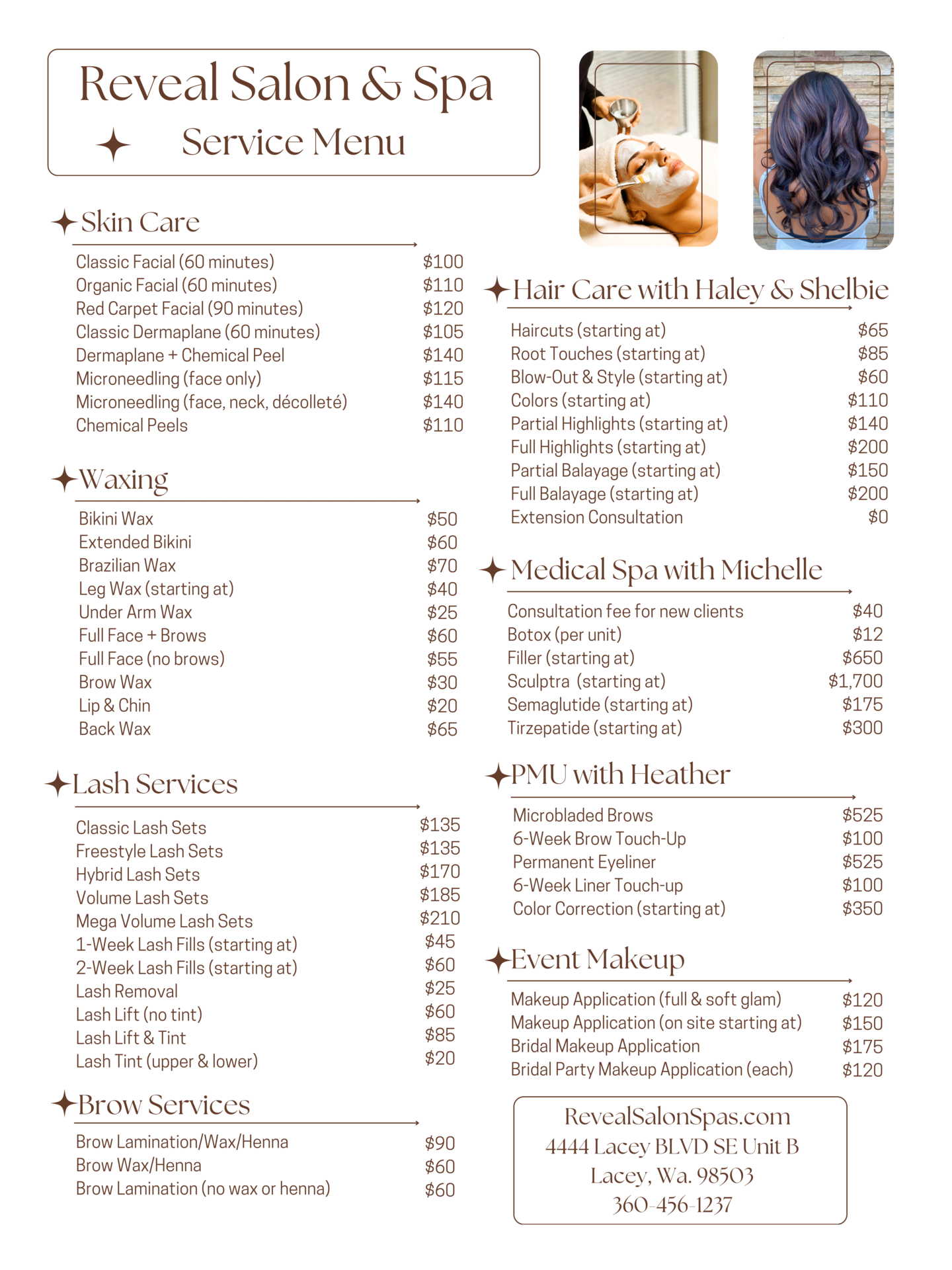 Reveal spa salon menu lacey olympia
